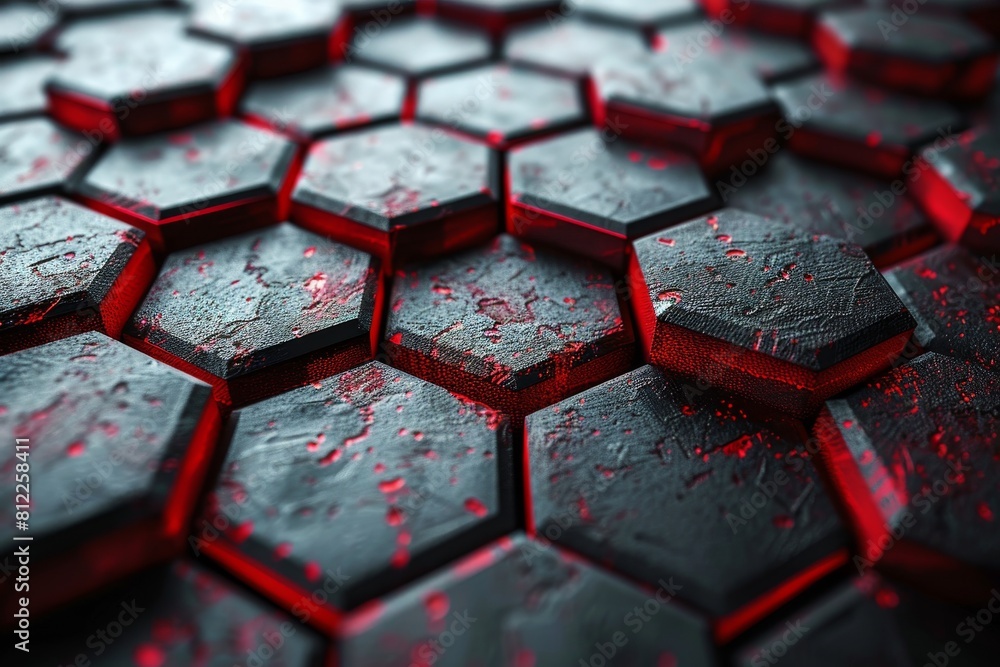 Poster macro shot of red and black hexagonal textures with a gritty feel, perfect for abstract and backgrou