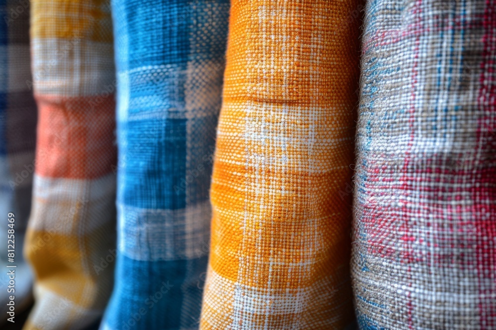 Poster macro shot of colorful textile textures with a distinct weave pattern offering a sense of craftsmans