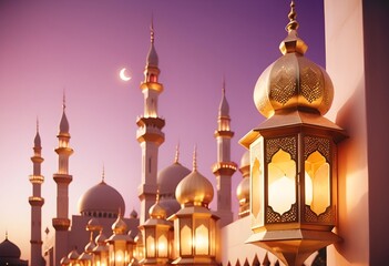 Eid mubarak theme with islamic lantern lights of matellic colours along mosque and behind background of eid mubarak celebrations