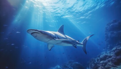 Fototapeta premium Great White Shark in the ocean, portrait of White shark hunting prey in the underwater