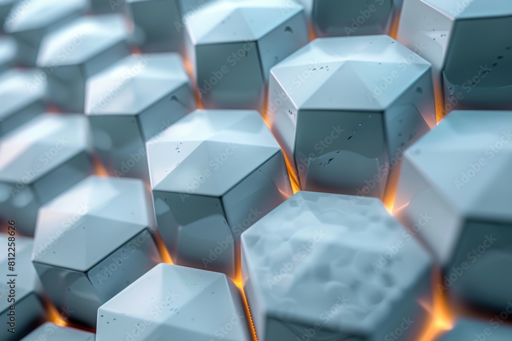 Poster futuristic design of 3d hexagonal structure with glowing orange lines between the blocks, resembling