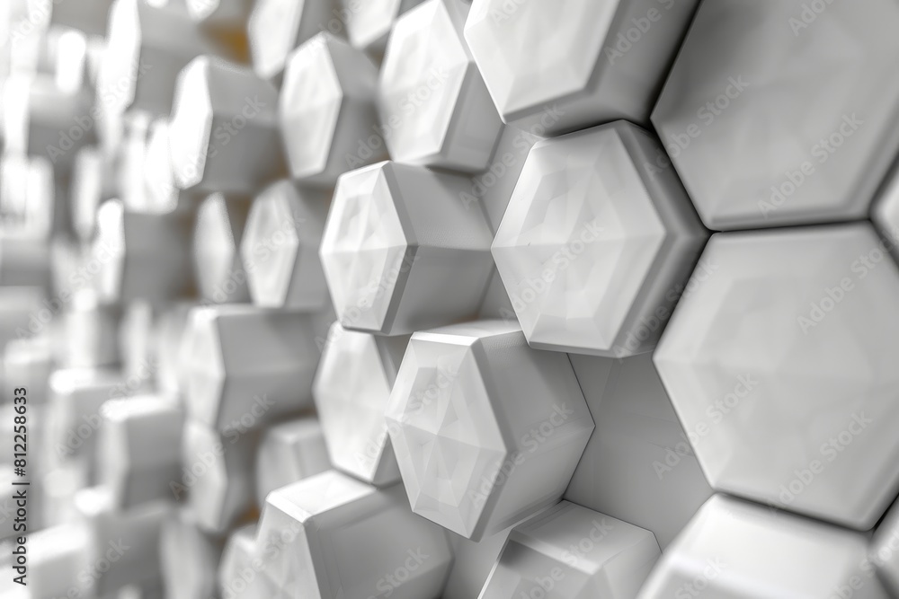 Poster detailed view of a 3d pattern created with white hexagonal shapes providing a sense of depth