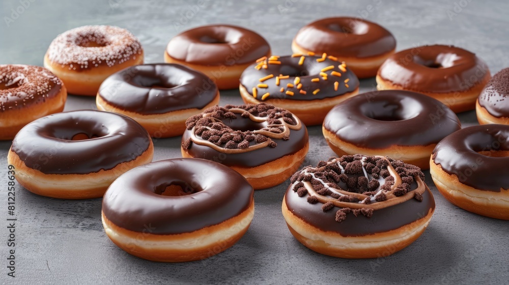 Poster celebrate the classic donut day with a tempting array of donuts coated in rich chocolate glaze set a