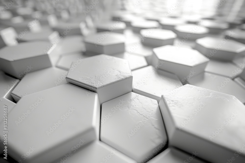 Poster elevated angle capturing the uneven surface of white hexagonal tiles with a selective focus on the t
