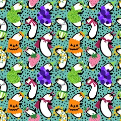 Cartoon animals carnival seamless penguin and pumpkins and frogs and strawberry pattern for wrapping paper