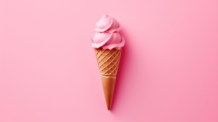 A pink ice cream cone with pink ice cream on top