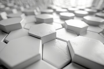 Elevated angle capturing the uneven surface of white hexagonal tiles with a selective focus on the texture