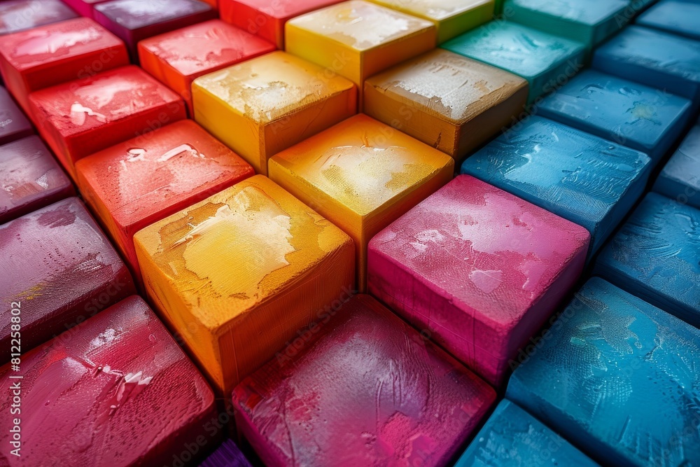 Poster bright and colorful glossy wooden cubes arranged in rows with a selective focus gradient across the 