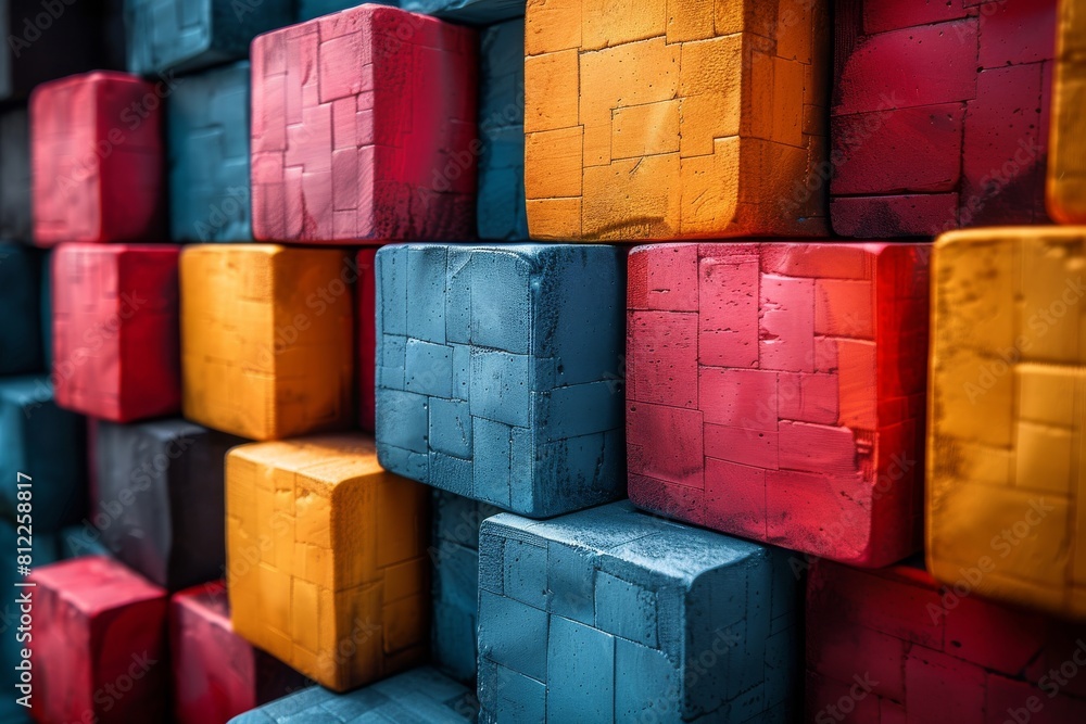Poster a close-up view of a pattern created by 3d cubes with vivid and contrasting colors