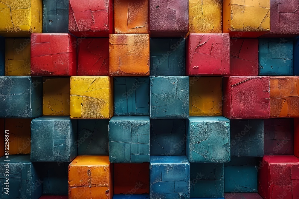 Poster abstract representation of colorful 3d cubes arranged in a repetitive pattern