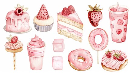 Celebrate a baby girl with adorable watercolor designs featuring fun cartoon elements This charming set includes baby pink birthday treats like cheesecake cake donuts and marshmallows perfe