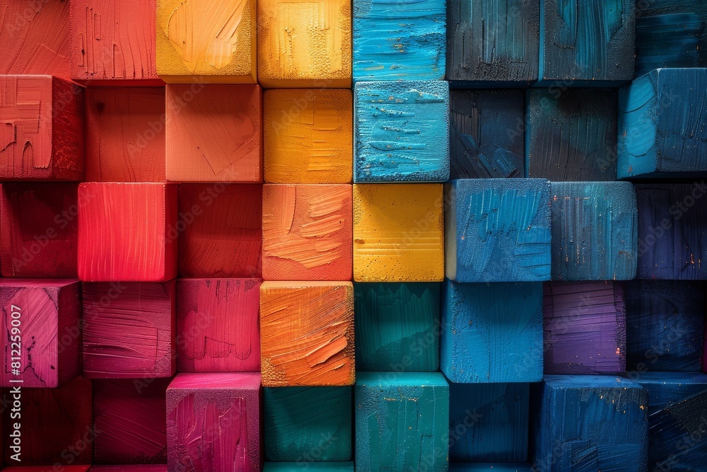 Poster a detailed close-up of cubic blocks painted in a range of colors and textures highlighting brush str