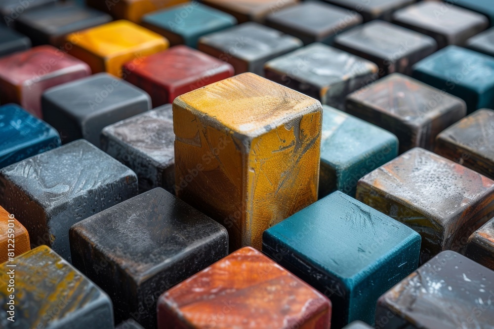 Poster a single yellow block stands out prominently among an array of multicolored textured blocks