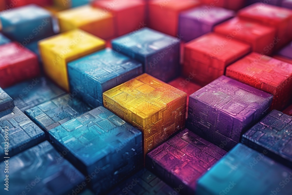Poster a selective focus on a single cube amongst a field of brightly colored stacked cubes conveying uniqu