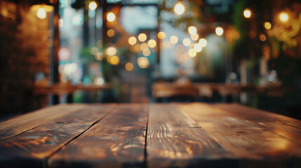 Wooden Table With Bokeh Lights in Background