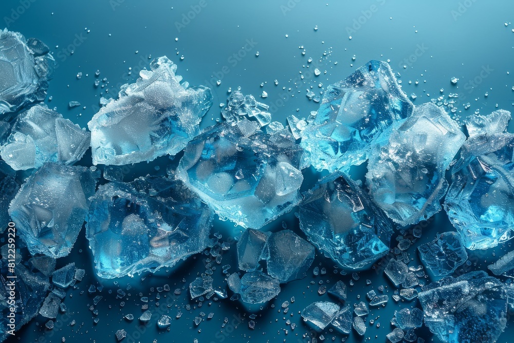 Poster ice cubes with light refraction and water droplets create a refreshing and cool feel ideal for bever