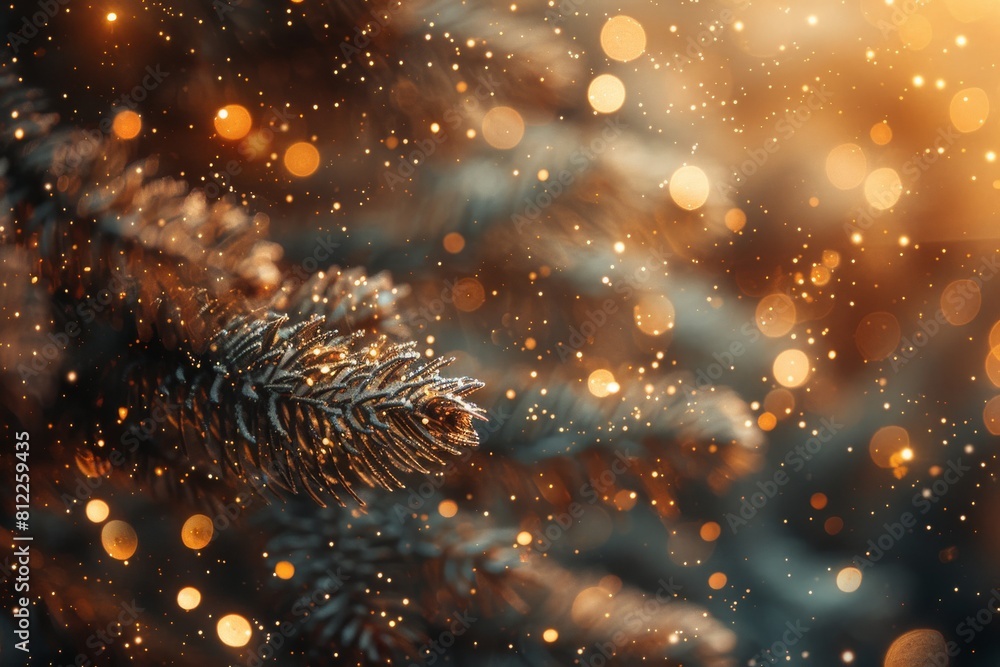 Aufkleber a frosted pine branch is highlighted against a backdrop of festive bokeh lights