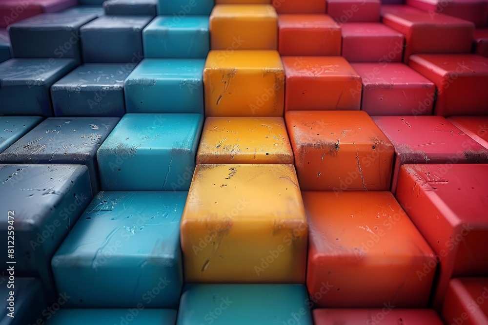 Poster a vibrant array of colored cubes arranged in a 3d perspective pattern, showcasing a mix of shades an