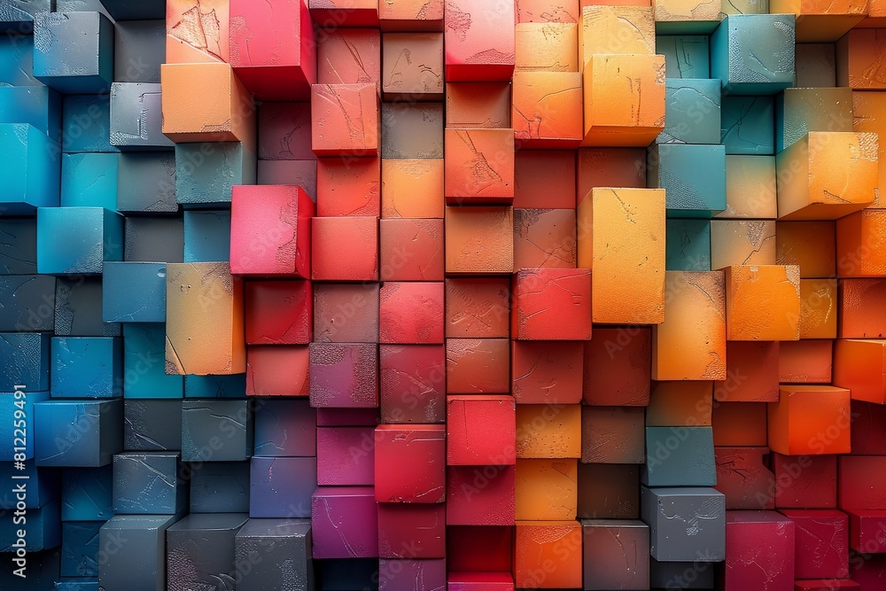 Poster this image features a geometric pattern of 3d blocks in various hues, creating a colorful and struct