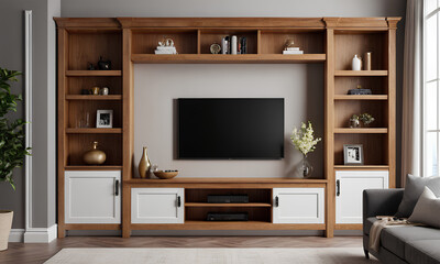 Super Detailed TV Wall Unit in Minimalist Traditional Style with Bright Colors