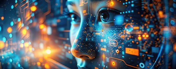 A girl's digital view of futuristic and innovative images, artificial intelligence in the image of a girl, digital automation and the use of artificial intelligence, digital business and automation