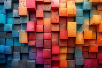 This image features a geometric pattern of 3D blocks in various hues, creating a colorful and structured wall design