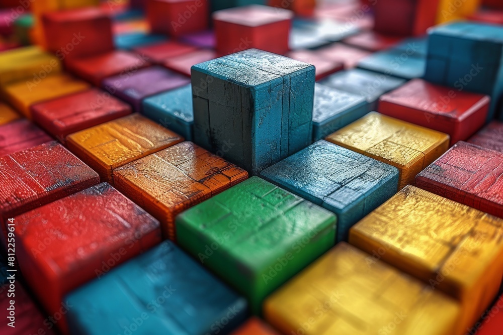 Poster a close-up view of a collection of vibrant colored wooden blocks creating an abstract pattern