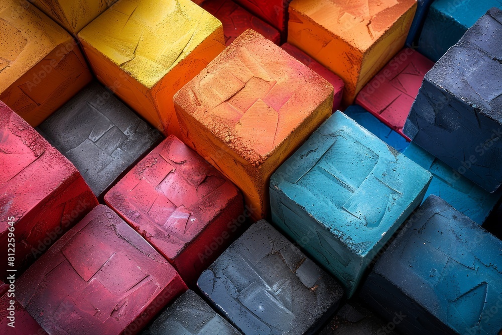 Poster diagonally arranged multicolored textured blocks with a selective focus emphasizing depth