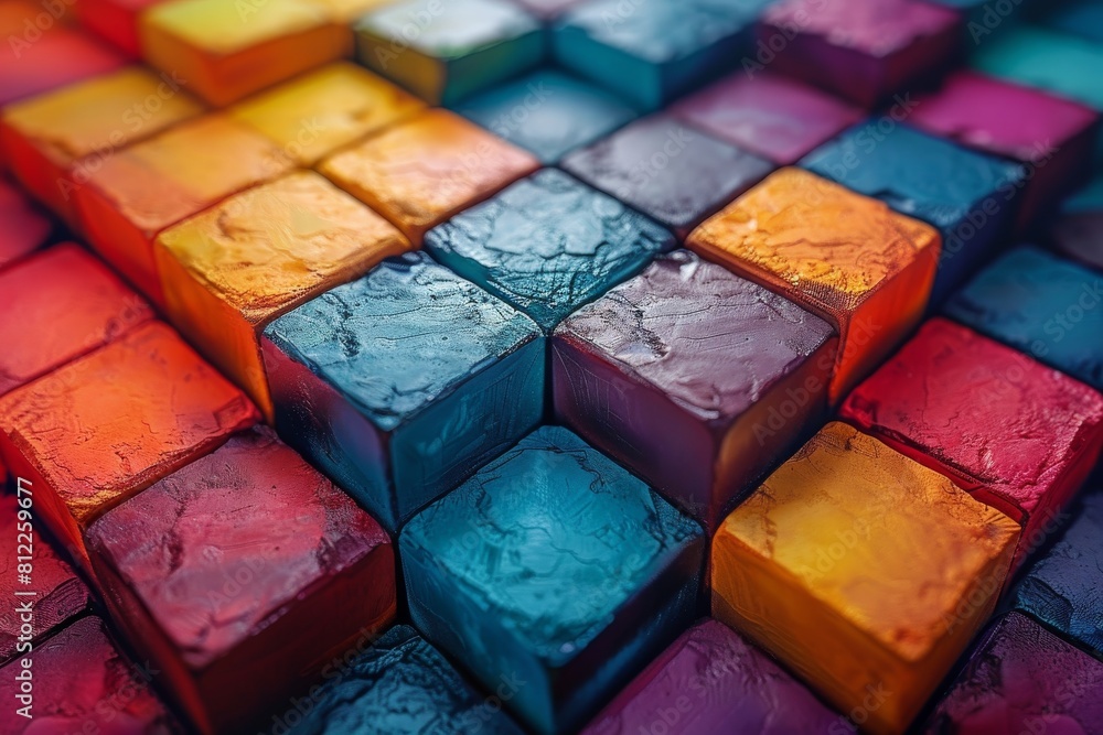 Poster a close-up image of colorful textured cubes arranged neatly showcasing a vivid and artistic pattern