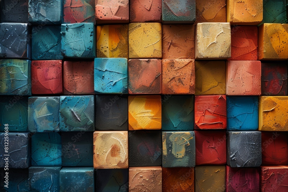 Poster a colorful array of vivid painted blocks in a grid pattern, showing texture and contrast