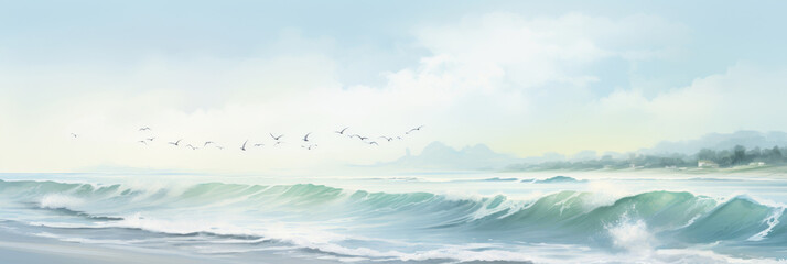 Seaside Morning. Coastal Landscape With Ocean Waves And Flying Birds