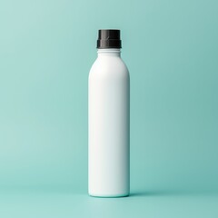 A white bottle with a black cap sits on a blue background