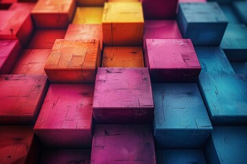 Wooden blocks arranged in a gradient of bright colors, with a slight perspective shift