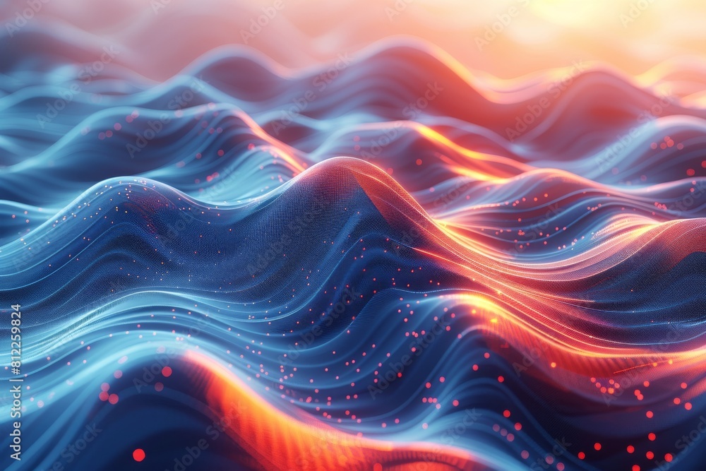 Poster a visually striking abstract image with blue waves interlaced with glowing red lines