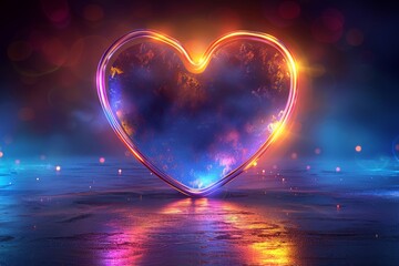 A glowing heart-shaped object against a dark background filled with a cosmic galaxy effect and sparkling lights