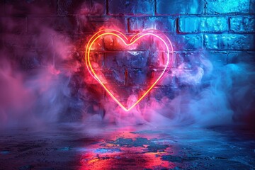 A vivid neon heart sign on a gritty brick wall background enveloped by a smokey, mystical atmosphere