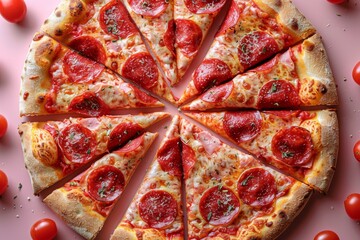 Overhead view of a whole pepperoni pizza with sliced portions on a pink background creating a contrast