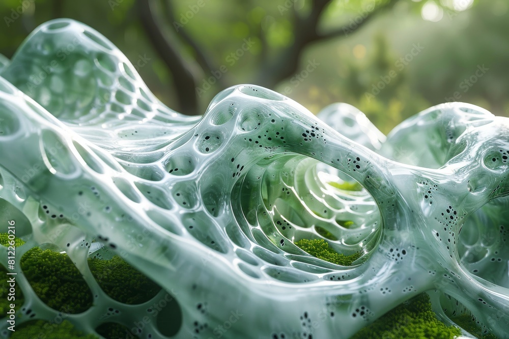Poster the image depicts an abstract, organic mesh-like structure with a mossy background, creating a sense