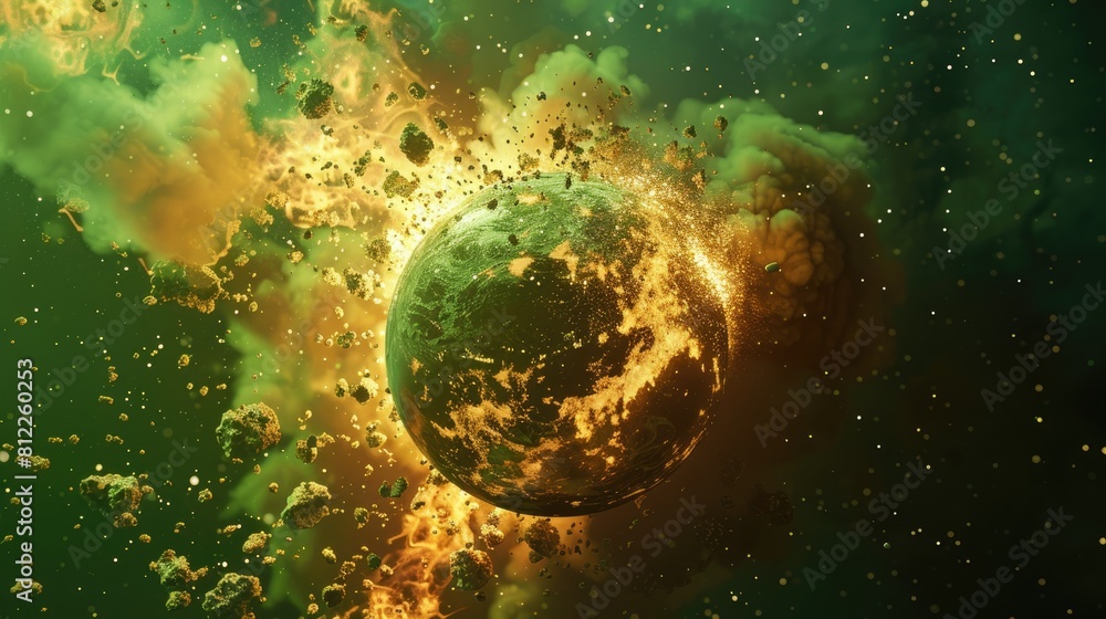 Aufkleber a 3d rendering of a planet exploding against a vibrant green backdrop