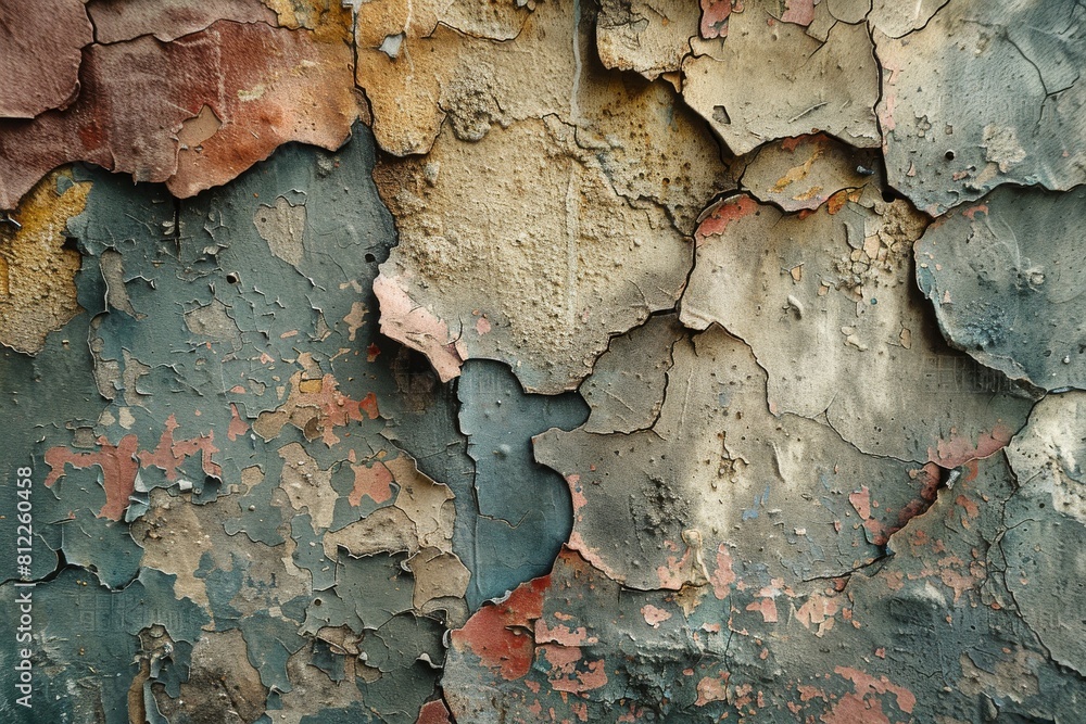 Poster this image features a wall with an array of peeling paint colors, showcasing a pattern of decay and 