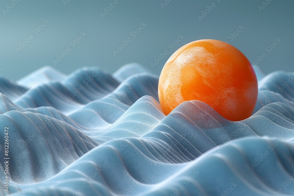 Poster a digitally created image of an orange sphere resting on a blue textured wavy surface, representing 