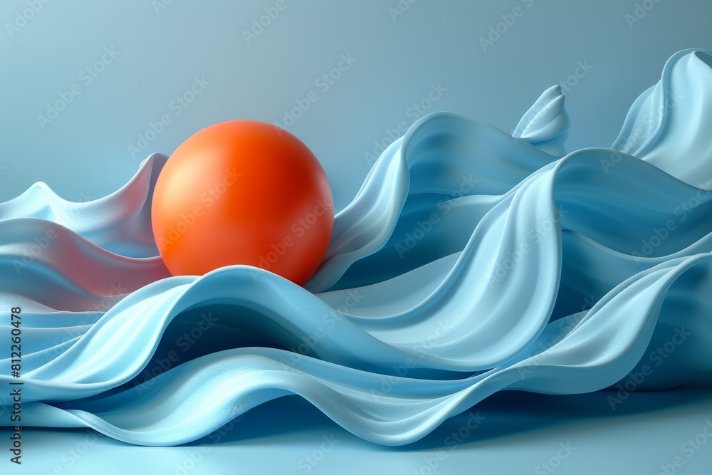 Poster a single orange sphere sits prominently on a background of blue, silk-like waves, creating an image 