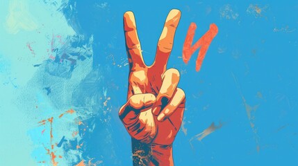 An illustration featuring a hand making the peace sign against a vibrant blue backdrop symbolizes the essence of International Day of Friendship