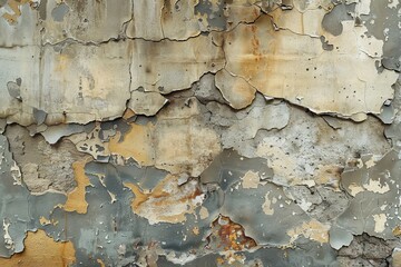 Obraz premium Close-up image of a wall showing layers of chipped and peeling paint, revealing aging and decay