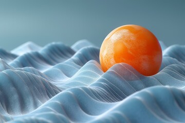 A digitally created image of an orange sphere resting on a blue textured wavy surface, representing...