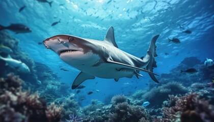 Naklejka premium Great White Shark in the ocean, portrait of White shark hunting prey in the underwater