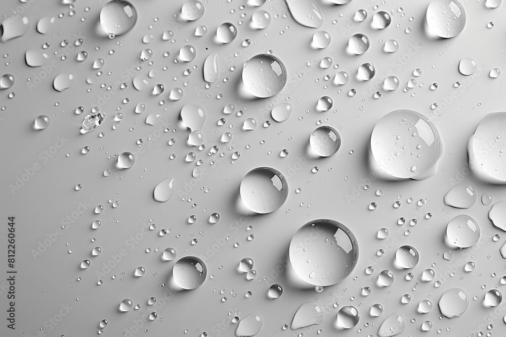 Poster an array of various sized water droplets dispersed evenly on a smooth, neutral gray background