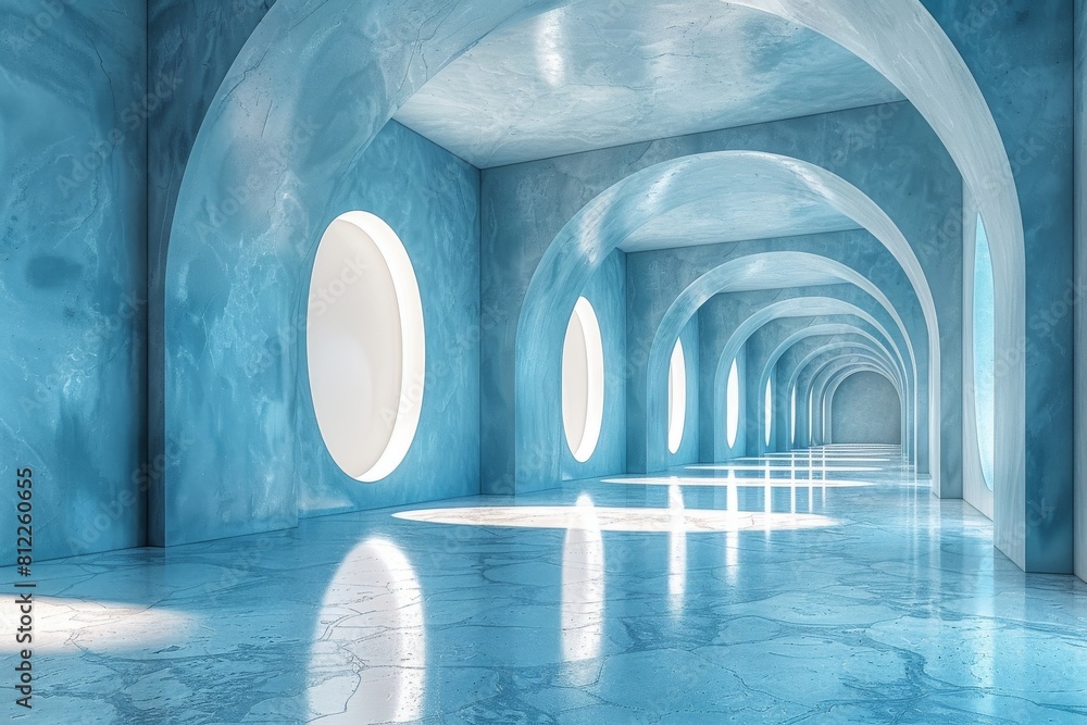 Poster digital art depicting a futuristic tunnel with smooth blue surfaces and repeating circular arches ca
