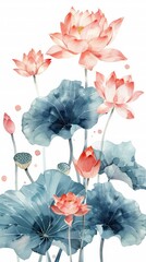 Vibrant Watercolor Lotus Blossoms Floating in Tranquil Pond