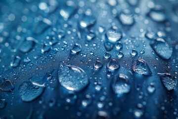 Macro shot capturing the intricate detail of water droplets glistening on a blue textured surface in natural light